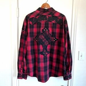 Rock & Roll Cowboy Men XL Red Plaid Long Sleeved Button Down Shirt Embroidered